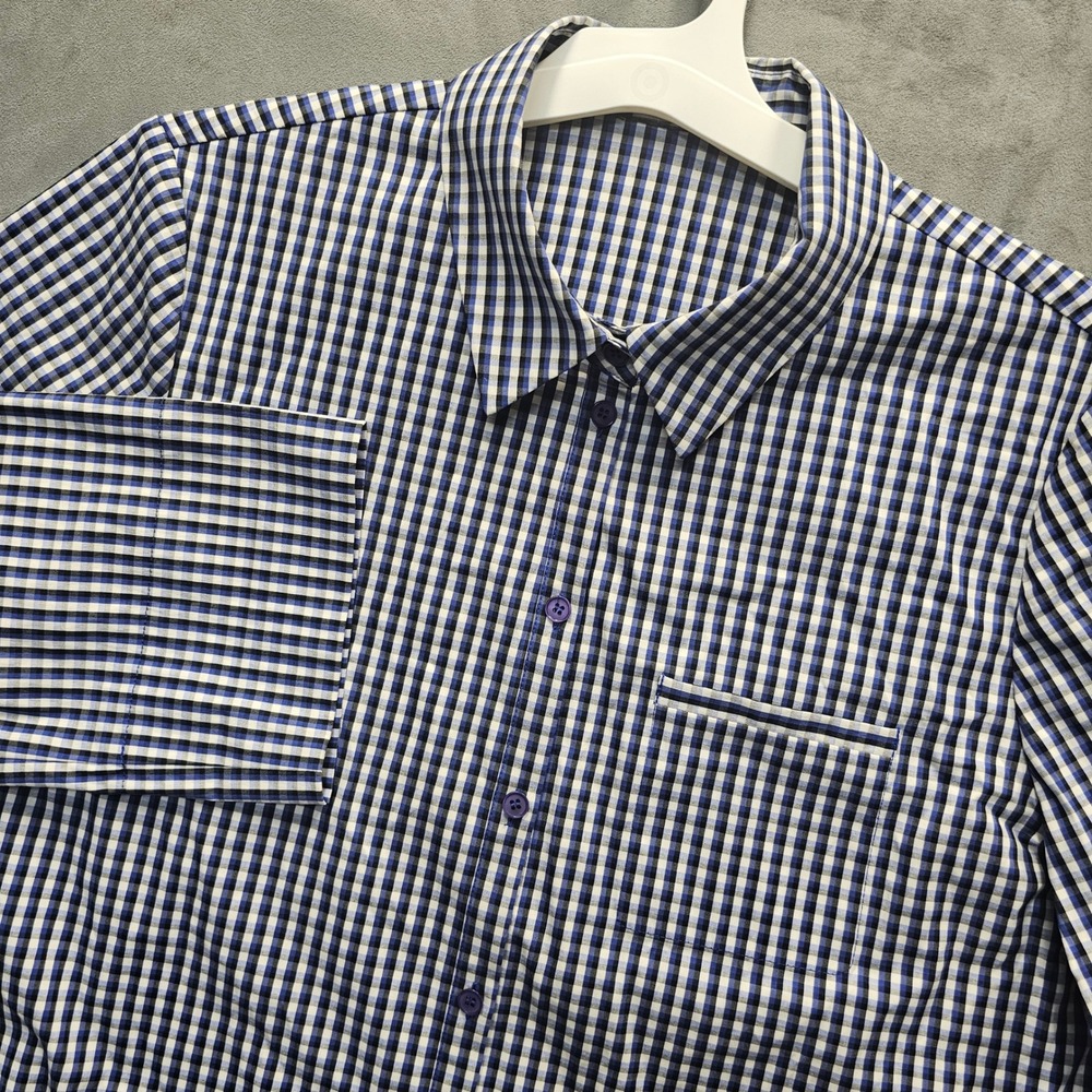 Lafayette 148 New York Blue Gingham Check 3/4 Sleeve Button-up Shirt Large